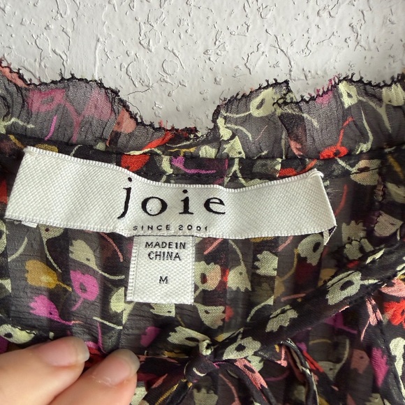 Joie Sheer Black Pink Floral Tie V-Neck Bishop Sleeve Blouse Womens M Preppy - Picture 3 of 5